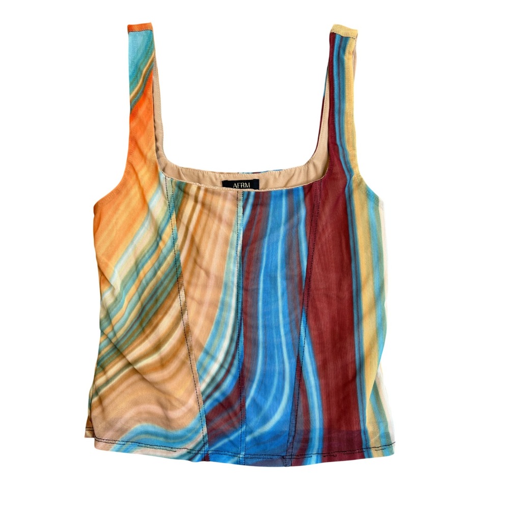 AFRM Maximalist Mesh Corset Tank Top S Multicolor Abstract Square Neck Y2K Rave